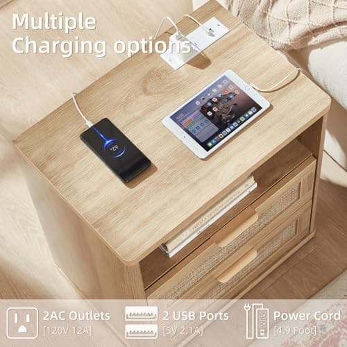LEYAOYAO Rattan Night Stand with Charger Station, 23" Wide Boho Nightstand with 2 Drawers, Natural Wood Bedside Table Open Storage Cabinet, Bed Side End Tables Dresser for Bedroom, Living Room Hallway - Thumbnail 3