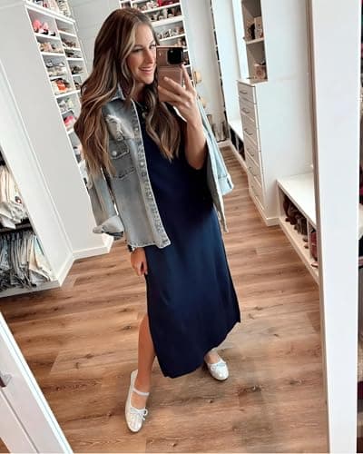 HiMONE 2026 Petite Women Year-Round Casual Round Neck Loose Split Wrinkle-Free Long Maxi Vacation Dress with Pockets Navy Blue - Thumbnail 3