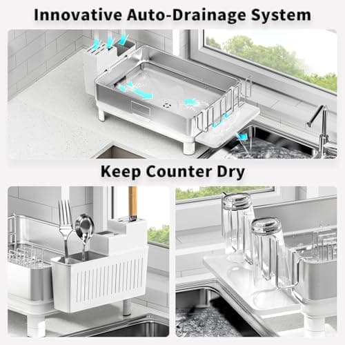 Ewaiira Dish Drying Rack, 304 Stainless Steel Dish Racks for Kitchen Counter, Dish Drainers with Automatic Drainage, Utensil Holder & Cups Holder, Space Saving Kitchen Organizer, White - Thumbnail 5