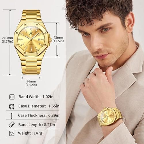 OLEVS Gold Watches for Men Luxury Business Quartz Men Wrist Watch Waterproof Stylish Classic Large Dial Watch for Men with Date Window Elegant for Evening Banquets Ideal Birthday Gift for Friend - Thumbnail 4
