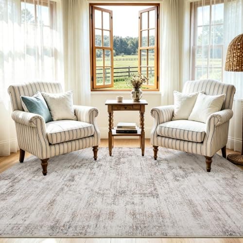2'x3' Washable Area Rug Non-Slip, Vintage Floral Medallion Distressed Entryway Kitchen Bathroom Mat, Soft Low Pile Indoor Floor Carpet for Hallway Laundry, Ivory & Weathered Taupe Vintage-Style - Thumbnail 2