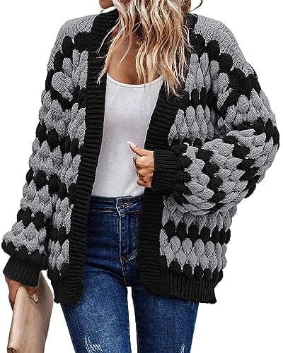 KIRUNDO Cardigan for Women Fall Lantern Sleeve Color Block Striped Cable Knitted Cardigan Casual Loose Open Sweater Jacket Winter Coat(Grey, X-Large) - Image 1