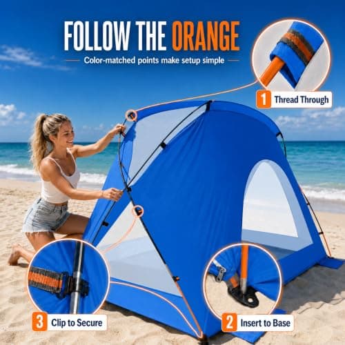 Beach Tent, Portable Sun Shelter for 2/3/4/6-8 Person with UPF 50+ UV Protection, Easy Setup Waterproof Beach Shade Canopy Cabana for Family Outdoor and Picnics, Fishing with Carrying Bag - Thumbnail 3