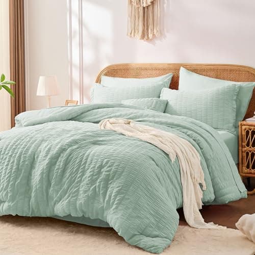 FUANNA Full Size Comforter Sets 7 Pieces, Luxury Seersucker Bed in a Bag Full for All Seasons, Soft Bed Sets with Comforter, Flat Sheet, Fitted Sheet, Pillowcases & Shams for Bedroom, Sage Green