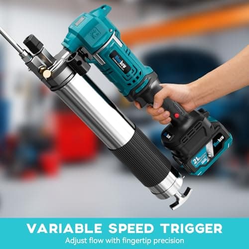 Bluebow 21V Cordless Electric Grease Gun Kit - 12000 PSI High Pressure, 7.05 oz/min, Variable Speed Trigger, LED Light, 2×4000 mAh Batteries, 39.4" Flexible Hose, Pressure Relief Valve - Thumbnail 3