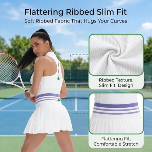 VIPARK Womens Tennis Skirt Set Sleeveless Ribbed Fitted Top and Pleated Mini Skirt with Built in Shorts Pockets Athletic Golf Workout Activewear Outfit White - Thumbnail 2