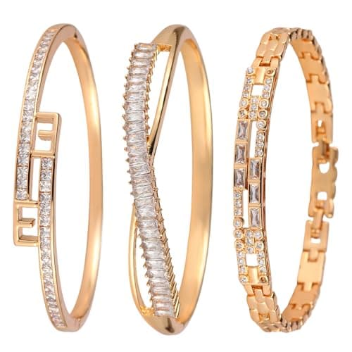 3 Pack 18K Gold Plated Bangles Bracelet Set for Women, Dainty Vintage Trendy Fashion Jewelry, Ideal Gift for Birthday Christmas Valentine's Day Mother's Day for Girlfriend Wife Mom Sister - Image 1