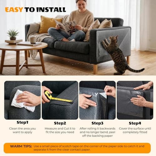 TOKACUTE 200" x 16.5" Anti Cat Scratch Furniture Protector, Single-Sided Sticky Couch Protector from Cats Claws, Couch Corner Guard Under Pet Claws, Thicken Viny Flexible Scratch Deterrent Tape - Thumbnail 6