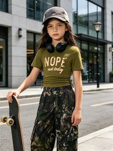 AMAWMW Girls Clothes Summer Outfits Short Sleeve Letter Print Ruched Tops and Cargo Pants Set Teen Clothing Army Green 15-16Y - Thumbnail 4