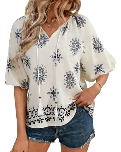 Summer Boho Tops for Women Short Sleeve V Neck Tassel Tie Front Blouse Floral Tunic Beach Vacation Flowy Shirts Blue Printed XL - Image 1