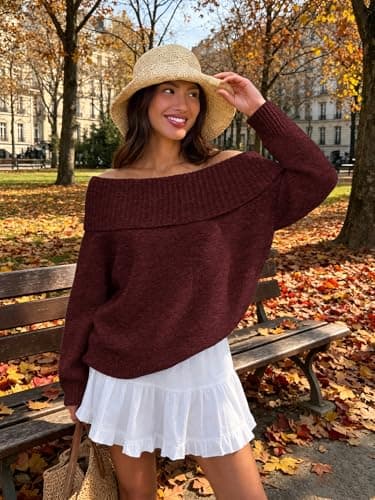 ATHMILE Womens Off The Shoulder Sweaters Oversized Batwing Sleeve Loose Pullover Fall Outfits Winter Fashion Tops 2026 Wine Red - Thumbnail 2