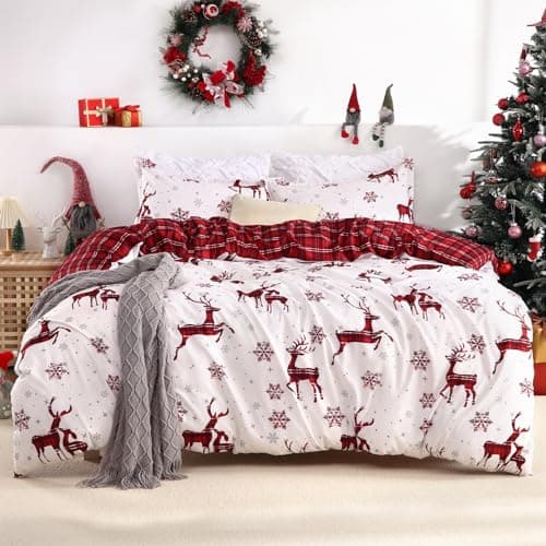 STARBEDIA Christmas Duvet Cover King, Soft Brushed Microfiber Comforter Cover Sets, Reindeer Printed Holiday Theme Bedroom Decorative Bedding (King Size, Red Plaid Deer)