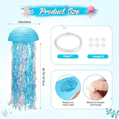 Under The Sea Party Decorations,Jellyfish Paper Lanterns with Hooks and Rope,10in Hanging Jelly Fish for Mermaid Birthday,Baby Shower,Ocean Themed Party,Ocean Theme Classroom,Beach Room Decor - Thumbnail 2