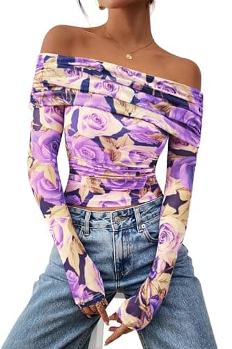 PRETTYGARDEN Womens Tops 2026 Spring Off The Shoulder Long Sleeve Fitted Y2k Shirts Floral Ruched Mesh Going Out Outfits(Purple Flower,X-Large) - Thumbnail 5