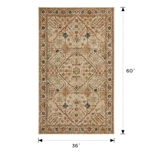 Joydeco 3x5 Area Rugs for Living Room, Non Slip Machine Washable Vintage Rug, Low Pile Chenille Print Rugs for Bedroom, Dining Room, Home Office, Pet & Child Friendly, Tan - Thumbnail 2