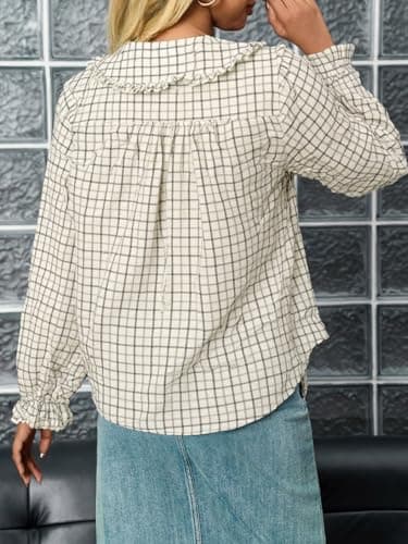 Tankaneo Womens Peter Pan Collar Button Down Shirts Long Sleeve Plaid Blouse Dressy Casual Fall Tops Beige - Thumbnail 5