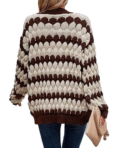 KIRUNDO Women's Cardigan Sweater 2026 Fall Winter Open Front Long Sleeve Cable Knit Color Block Striped Cardigan Casual Oversized Sweater Jacket Outwear(Coffee, Medium) - Thumbnail 2