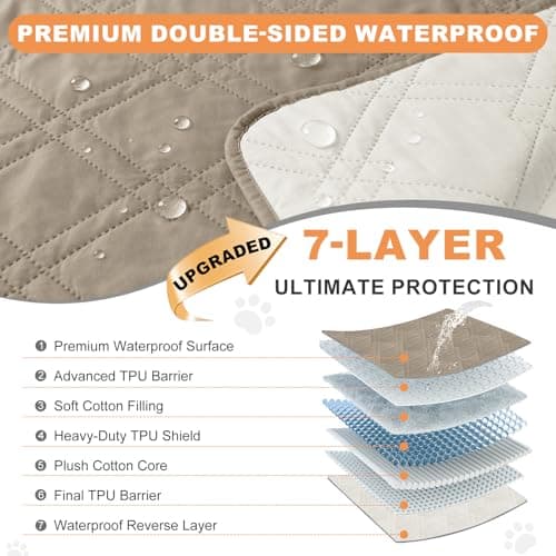 Vmeyiek 100% Waterproof Dog Bed Cover Pet Blanket 68"x82", 7-Layer Reversible Washable Bed Mat for Furniture Couch Sofa Car (Khaki+Off White) - Thumbnail 2