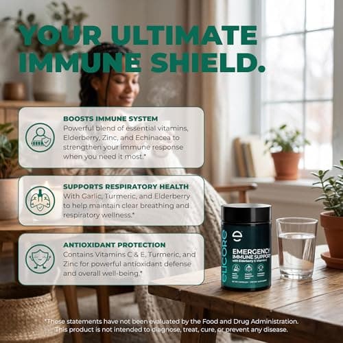 ELICORE Emergency Immune Support Supplement – Vitamin C, E, B6, Zinc, Elderberry, Echinacea, Garlic & Turmeric – Immune Booster for Adults – Gluten Free, Sugar Free, Vegan Friendly – 60 Capsules - Thumbnail 3