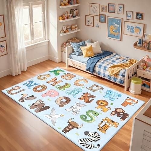 FTBNIQWRHN Kids Rugs for Playroom - 3x5 Feet ABC Alphabet Rug for Kids Room Educaitonal Learning Animal, Preschool Rug for Children Toddler Bedroom Nursery Kindergarten Decor, Blue - Thumbnail 6