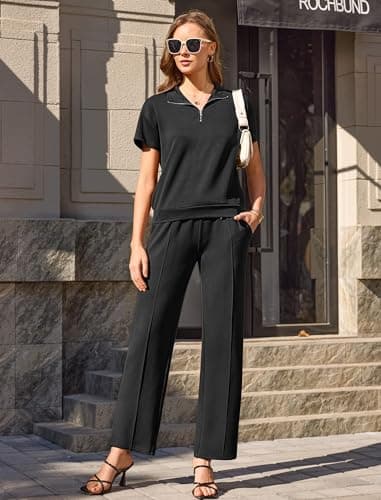 difficort Two Piece Set for Women Summer Spring Outfits Travel Airport Beach Vacation Half Zip Sweatshirts Wide Leg Pants Set, Black, Large - Thumbnail 3