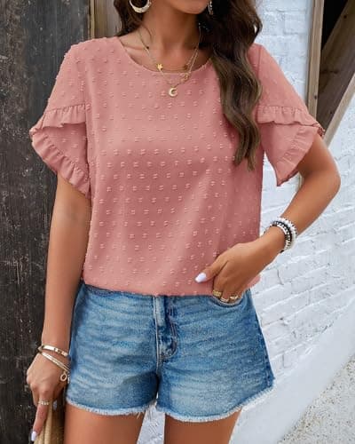PRETTYGARDEN Women Trendy Blouses 2025 Ruffle Sleeve Jumper Top Dressy Swiss Dot Boho Tunic Tops Cozy Summer Outfits(Pink,XX-Large) - Thumbnail 5