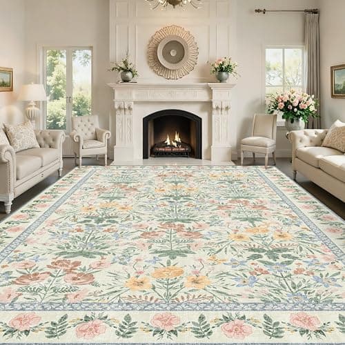 Arvenchy Boho Washable Area Rug: Floral Green 8x10 Rug for Living Room Girls Bedroom Nursery Home Decor - Soft Vintage Carpet Non-Slip Stain-Resistant Kids Pet Friendly