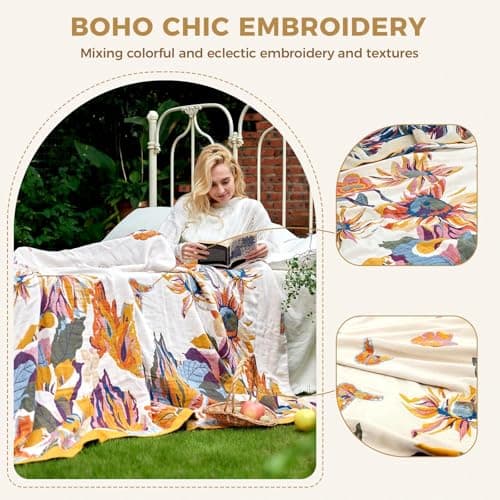 King Throw Blanket for Bed 100% Cotton Boho Soft Rustic Quilt Butterfly and Floral Double Embroidery Breathable Spring Bed Blanket,90"x108" All Season Blankets for Bedding Couch Home Decor - Thumbnail 3