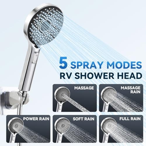 RV Shower Head with ON/OFF Switch, 5 Modes High Pressure RV Shower Head with hose, Shower Head Replcement for RV, Camper and Travel Trailer, with Adhesive Bracket, Polished Chrome - Thumbnail 2