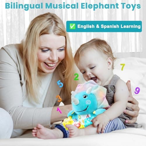 Holaxander Baby Dino Musical Stuffed Animals Toy with Light-Up Music & Crinkle Sound Paper,Infant Bilingual Early Learning Education Toys,Tummy Time Toys for 0-3-6-12+ Months Boy Girl - Thumbnail 5