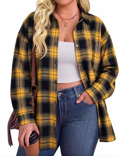 IN'VOLAND Oversized Flannel for Woman Plaid Long Sleeve Button Down Shirts - Image 1
