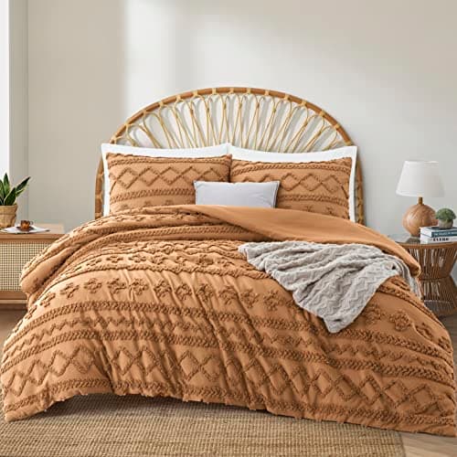 Oli Anderson Pumpkin Brown Queen Comforter Set Tufted Bedding Set Queen 3 Pieces, Boho Shabby Chic Comforter with 2 Pillowcases (Pumpkin Brown,Queen) - Image 1