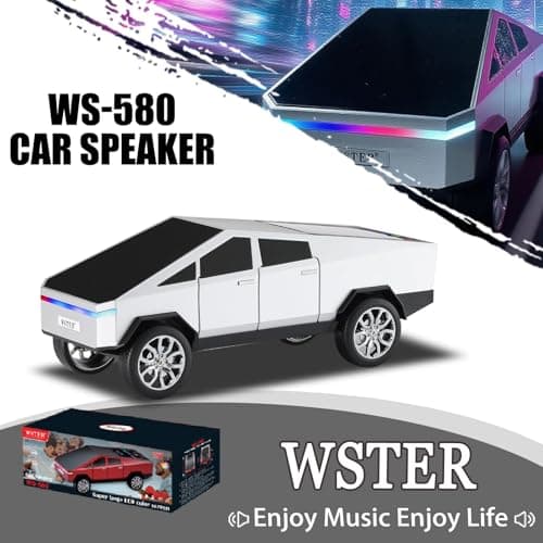 WS-580 Cybertruck Portable Bluetooth Speaker, Replica Car with Display Screen, HD Sound, TWS Pairing, FM Radio, Built-in Mic, Remote Selfie Control, LED Party Light, Gift for Car Lovers (Silver) - Thumbnail 3