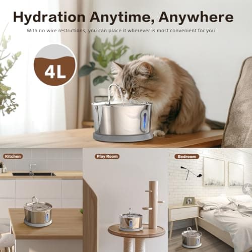 Battery Operated Cat Water Fountain Wireless, 4L/135oz Stainless Steel Pet Fountain for drinking Dog Water Dispenser Cordless with Motion Sensor, Ultra-Quiet Pump & for Cats Inside, Dog, Multiple Pets - Thumbnail 3