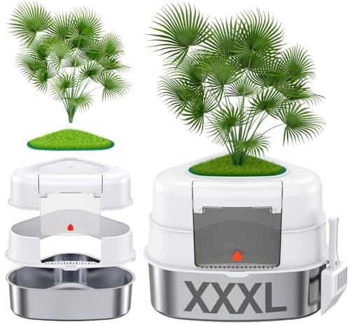 Chumajor XXL Stainless Steel Corner Cat Litter Box with Lid, Enclosed Hidden Plant Litter Box with Artificial Plant, Easy-Clean Covered Decorative Litter Box for Large Cats, White - Image 1