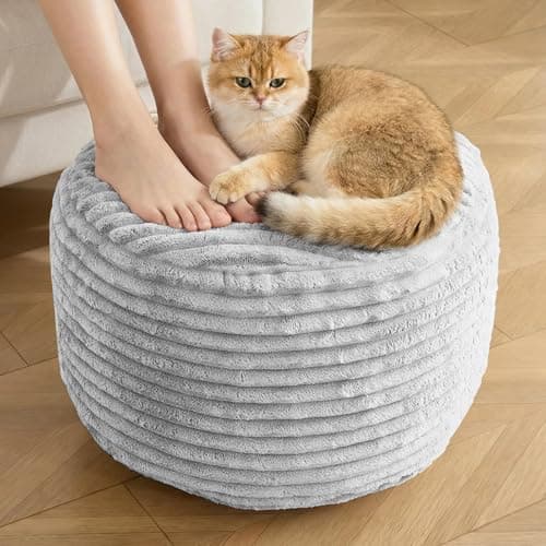 INSPIRE CRAFTER Round Pouf Ottoman,Corduroy Poufs with Memory Foam Filling for Foot Rest,Soft Footstool for Living Room,Office,20"x 15",Light Grey - Image 1