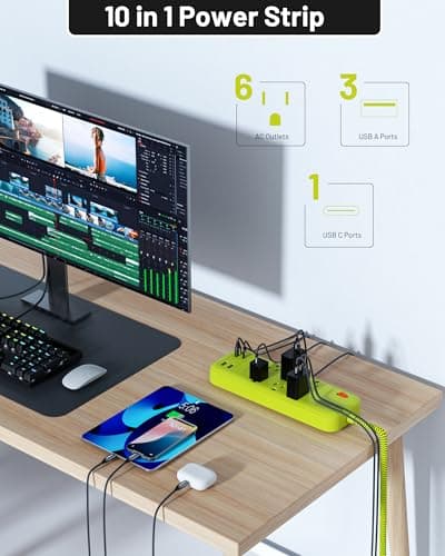 Omnibar USB Surge Bar 6 Power Strip - 6 Outlets 4 USB Ports(1 USB C), Multi Plug Outlet Extender with 6Ft Braided Extension Cord, 3600 J, Wall Mount, Flat Plug, Desk Charging Station for Office Home - Thumbnail 3