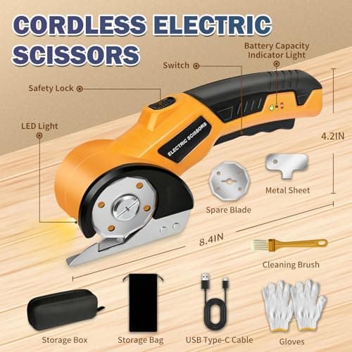 Electric Scissors, Cardboard Box Cutter with Safety Lock & LED Light, 2000mAh Battery, Tungsten Steel Blade, Storage Bag and Box, Suitable for Fabric Carpet Carton Plastic Leather Cloth - Thumbnail 2