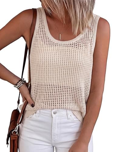 Totatuit Womens Summer Knit Sweater Tank Tops Round Neck Crochet Hollow Out Sleeveless Casual Crop Shirt Apricot - Image 1