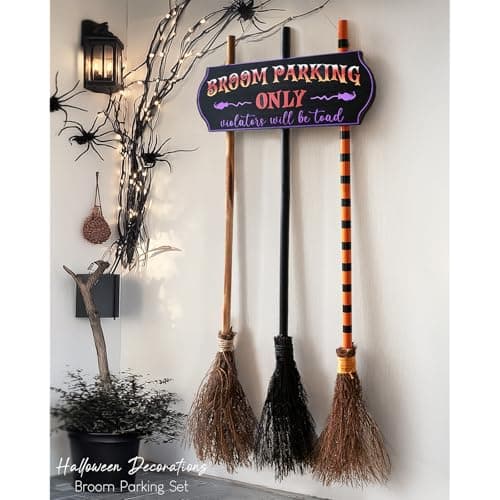 Halloween Decorations - Halloween Decor - Broom Parking Sign with 3 Wooden Witches Brooms - Cute Hocus Pocus Front Porch Wall Decor for Indoor Outdoor Home Office Party Decoration - Image 1
