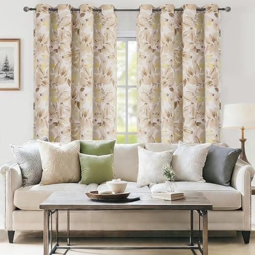 BROSHAN Beige Blackout Curtains 63 Inch Length Thermal Insulated Curtains for Bedroom Living Room - Vintage Leaf Pattern, Grommet Top Room Darkening Drapes (2 Panels, 52x63 Inches Each) - Thumbnail 2
