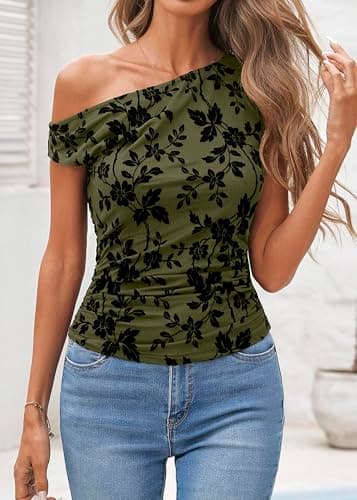 Lazysmile Womens Summer Floral Off Shoulder Tops Sleeveless Ruched Slim Fit Shirts Blouse Y2K Going Out Mesh Tank Tops Army Green - Thumbnail 5