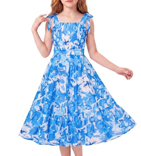 GRACE KARIN Girls Hawaiian Dress Floral Chiffon A-Line Sleeveless Summer Sundress for Beach Vacation Easter Party Blue Size 12 - Image 1