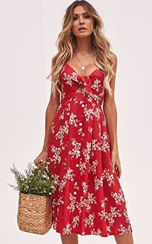ECOWISH Women Summer Dresses Tie Front V-Neck Spaghetti Strap Button Down A-Line Backless Swing Midi Dress 809 Red XL - Thumbnail 2