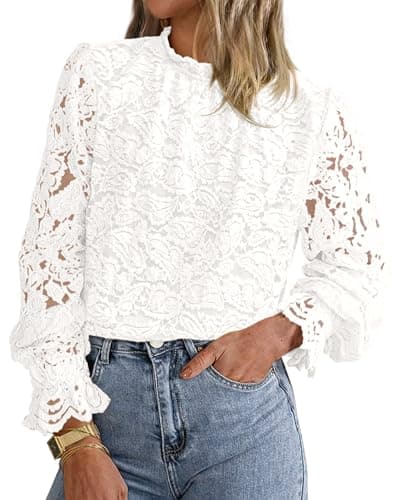 KIRUNDO Blouses for Women Dressy Casual Lace Long Sleeve Tops Mock Neck Ruffle Shirts 2026 Spring Fall Fashion Clothing(White, XX-Large) - Image 1