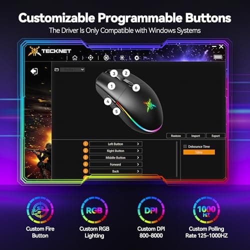 TECKNET Wireless Gaming Mouse Rechargeable - 8000 DPI, Long-Lasting 100Hrs Battery, RGB Backlit, 6 Programmable Buttons, Dual Connectivity (2.4G + USB-C) for PC, Mac, Laptop - Black - Thumbnail 4