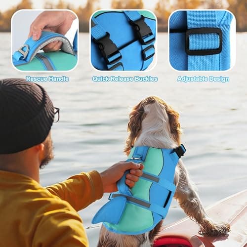 Dogcheer Dog Life Jacket Shark, Neoprene Harness Dog Life Vest with Lift Handle, Reflective Adjustable Pet Swim Float Vest for Small Medium Large Dogs - Blue, L - Thumbnail 5