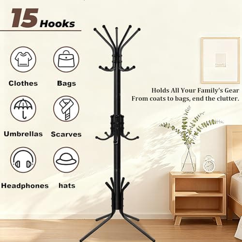 Outspurge Metal Coat Rack, Freestanding Coat Tree & Hall Tree with 15 Hooks, Sturdy Coat Rack Stand and Hat Rack, Coat Hanger for Entryway, Bedroom, Office for Jackets, Hats, Bags,Black - Thumbnail 6