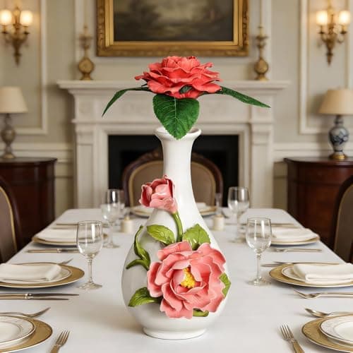 Handmade Pinched Flowers Ceramic Vase with One Ceramic Rose Flower, Home Decor Ceramic Vase for Dining Table, Living Room, Kitchen, Bedroom, Shelf, Office, Coffee Table, Restaurant & Fireplace Mantel - Thumbnail 2