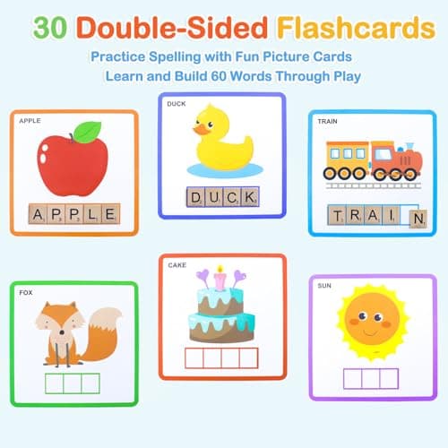 Humerry Spelling Game for Kids Ages 3-8, Word Building & Sight Word Games, Phonics Learning Toy with 100 Wooden Letter Tiles & 30 Double-Sided Flashcards, Preschool Kindergarten Early Reading Game - Thumbnail 5